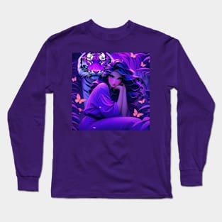 Fantasy girl with tiger in purple aesthetic Long Sleeve T-Shirt